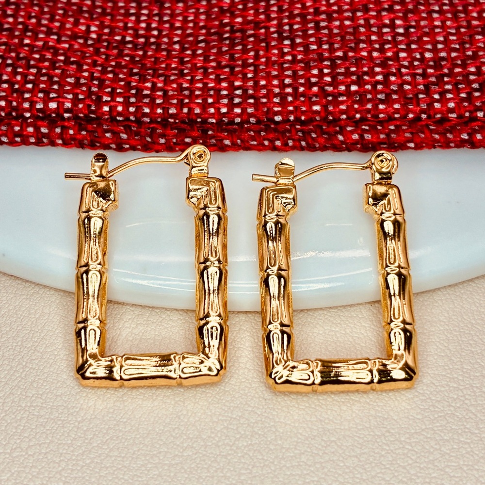 Gold Minimalist Rectangular Bamboo Textured Design Hoop Earrings